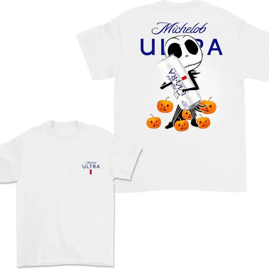Jack Hug Michelob Ultra Skellington Halloween 2 Sides T-shirt, Skeleton Michelob Ultra T-shirt, Michelob Ultra Halloween T-shirt, Halloween Trendy Shirt, Full Color, Casual, Classic Fashion, Tee Print
