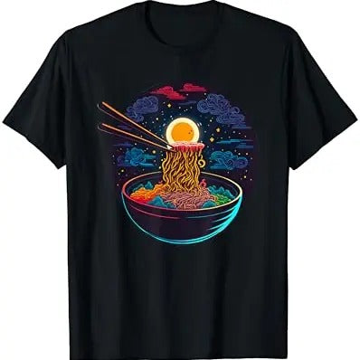 Japanese Moon Ramen Graphic Neon Retro Anime Noodles Art TShirt