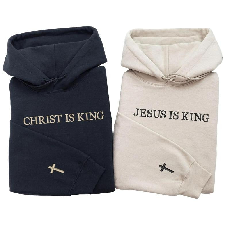 Jesus Is King Hoodie, Custom Embroidered Sweatshirt, Cross On The Sleeve, Couples Gift, Birthday Gift, Gift For Him, Gift For Her