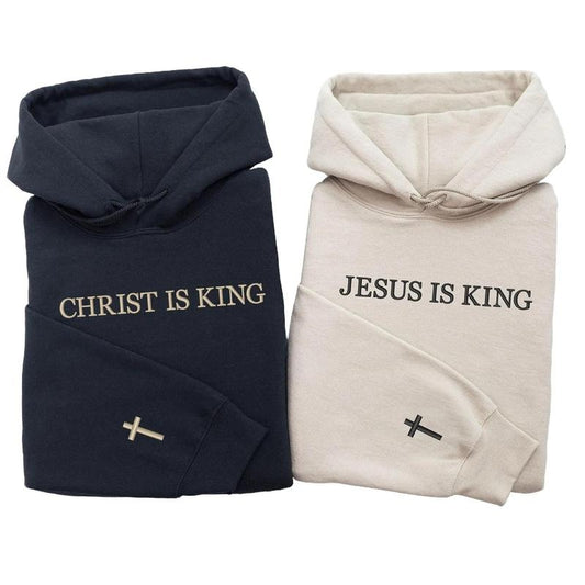 Jesus Is King Hoodie, Custom Embroidered Sweatshirt, Cross On The Sleeve, Couples Gift, Birthday Gift, Gift For Him, Gift For Her
