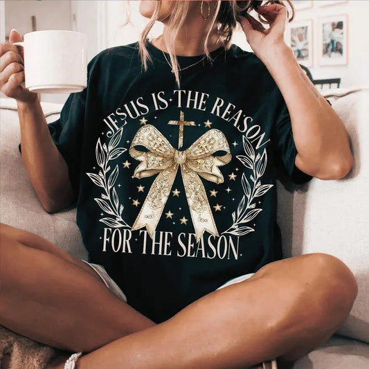 Jesus is the reason For the season TShirt, Christmas Season Sweatshirt, Christmas coquette bow Unisex Womenswear Cotton Crewneck