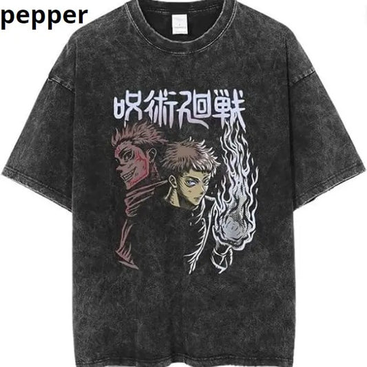Jujutsu Kaisen T-shirt, Anime Short Sleeve T-Shirt Washed Fabric Vintage Style Round Neck Cool Design Satoru Gojo Yuji Itadori, Anime T-shirt