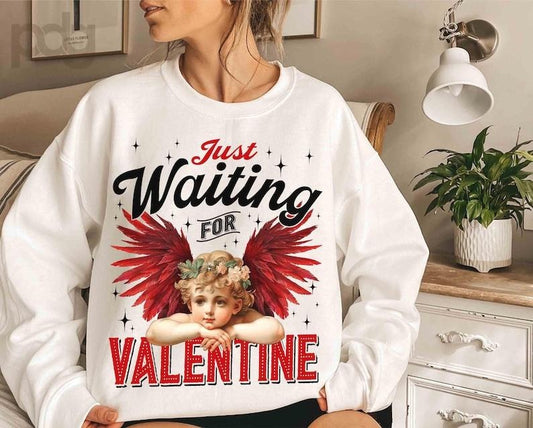 Just Waiting For Valentine's Sweatshirt Retro Valentine , Valentines Day , Red Wings Cupid , Valentine Heart
