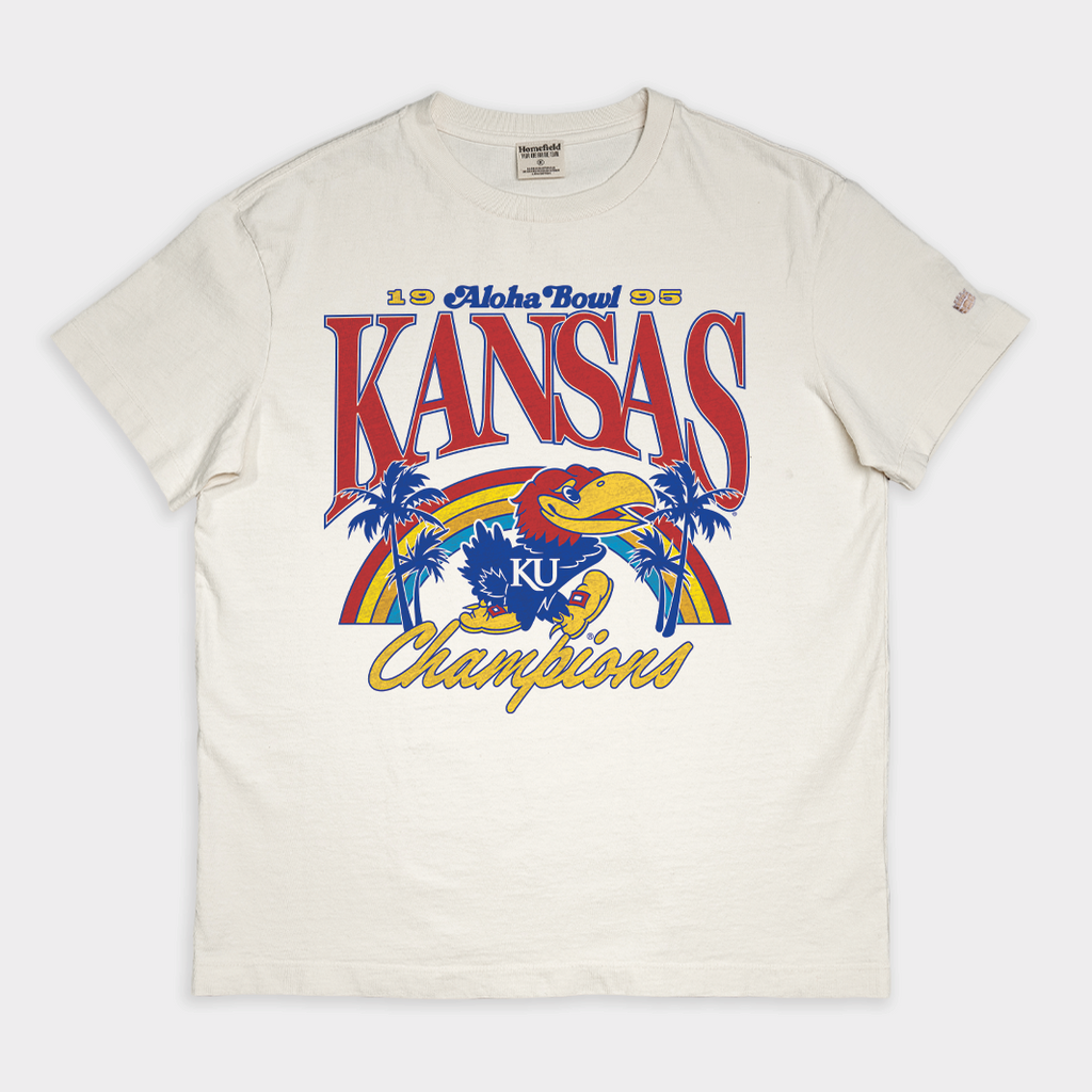 Kansas Football 1995 Aloha Bowl Vintage Heavyweight Tee Hoodie, Sweatshirt | CoreVibeTees.com (Image 1)