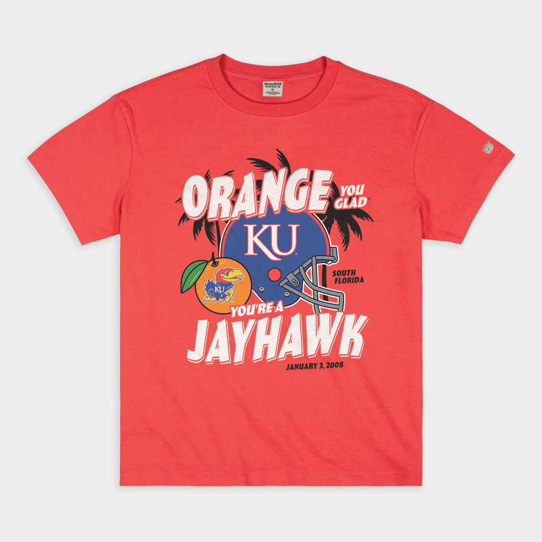 Kansas Jayhawks "Orange You Glad" Vintage Heavyweight Tee Hoodie, Sweatshirt | CoreVibeTees.com (Image 1)