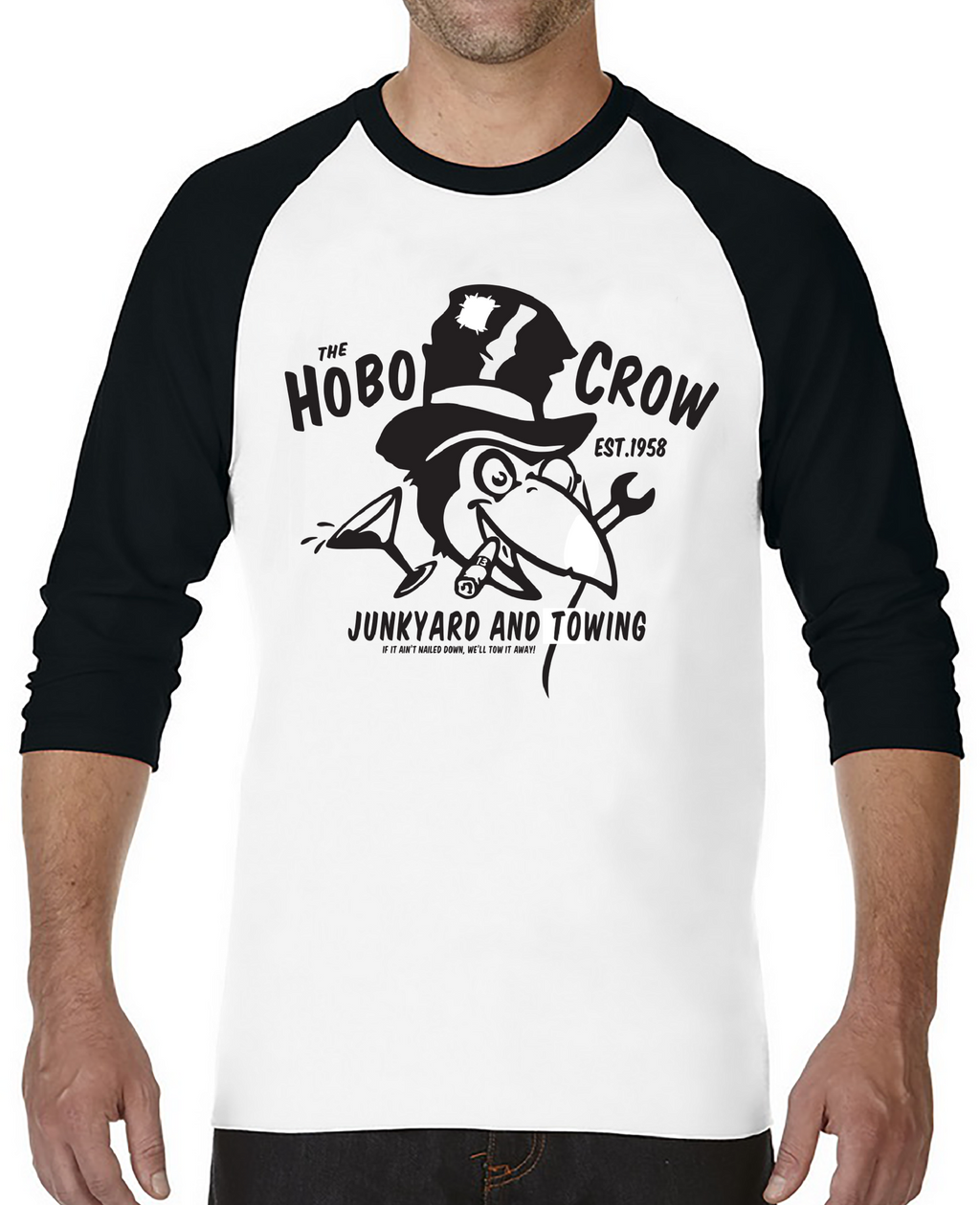 HOBO CROW Raglan Tee - WHITE/BLACK Hoodie, Sweatshirt | CoreVibeTees.com (Image 2)