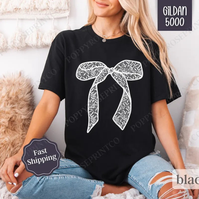 Lace Bow Shirt Gildan, Coquette Tee, Trendy Women's Tshirt Plus Sizes