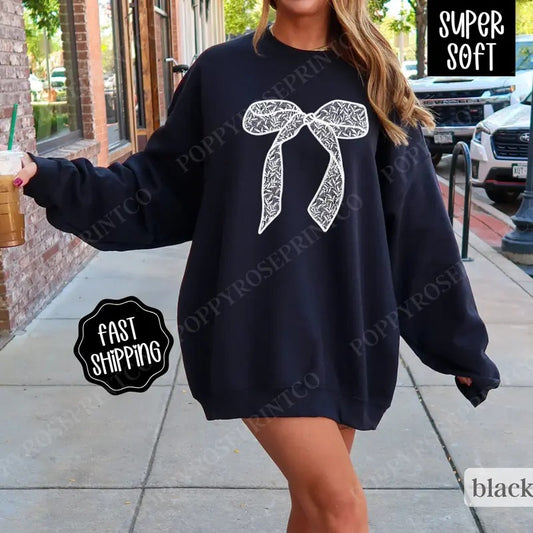 Lace Bow Sweatshirt, Coquette Ribbon Crewneck,  Trendy Women's Sweater