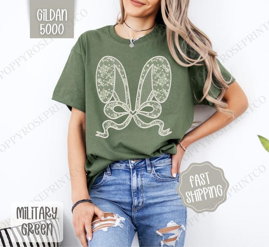 Lace Bunny Ears Shirt Gildan, Cute EasterTee, Trendy Bunny Women's Tshirt Plus Sizes, Gift for Her