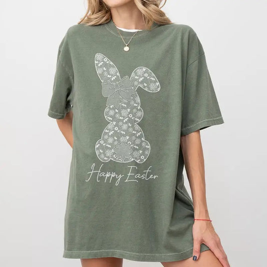 Lace Bunny Easter Shirt, Vintage Easter Tee, Cute Spring Bunny Shirt, Easter Outfit for Women, Holiday Graphic Tee, Floral Bunny Shirt
