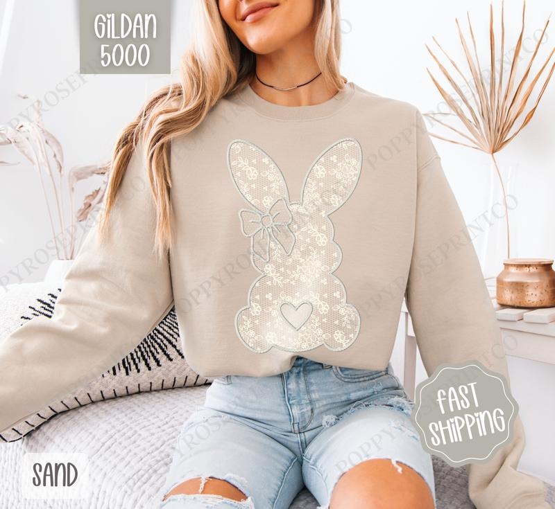 Lace Bunny Sweatshirt, Easter Crewneck, Trendy Bunny Women's Sweater, Gift for Her
