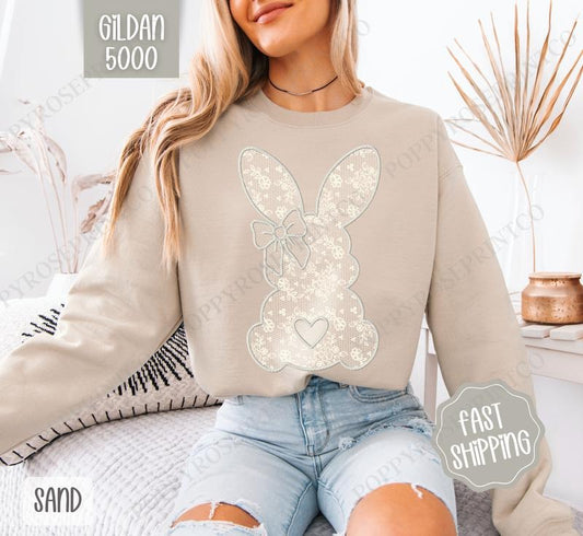 Lace Bunny Sweatshirt, Easter Crewneck, Trendy Bunny Women's Sweater, Gift for Her