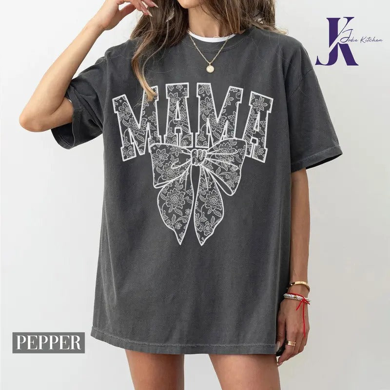 Lace Coquette Bow Mama Coquette Shirt, Mama Tee, Floral Mama Shirt, Floral Chinoiserie, Mama Varsity,, mama mini Crewneck Top Womenswear Black Check Cotton
