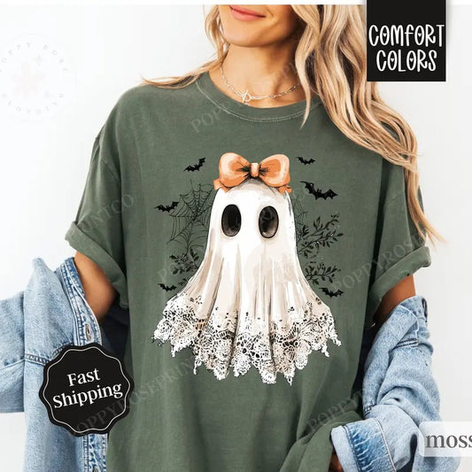 Lace Ghost Shirt Comfort Colors Halloween Tshirt,  Women's Holiday Tee, October Vibes Shirt, Spooky Season Tee