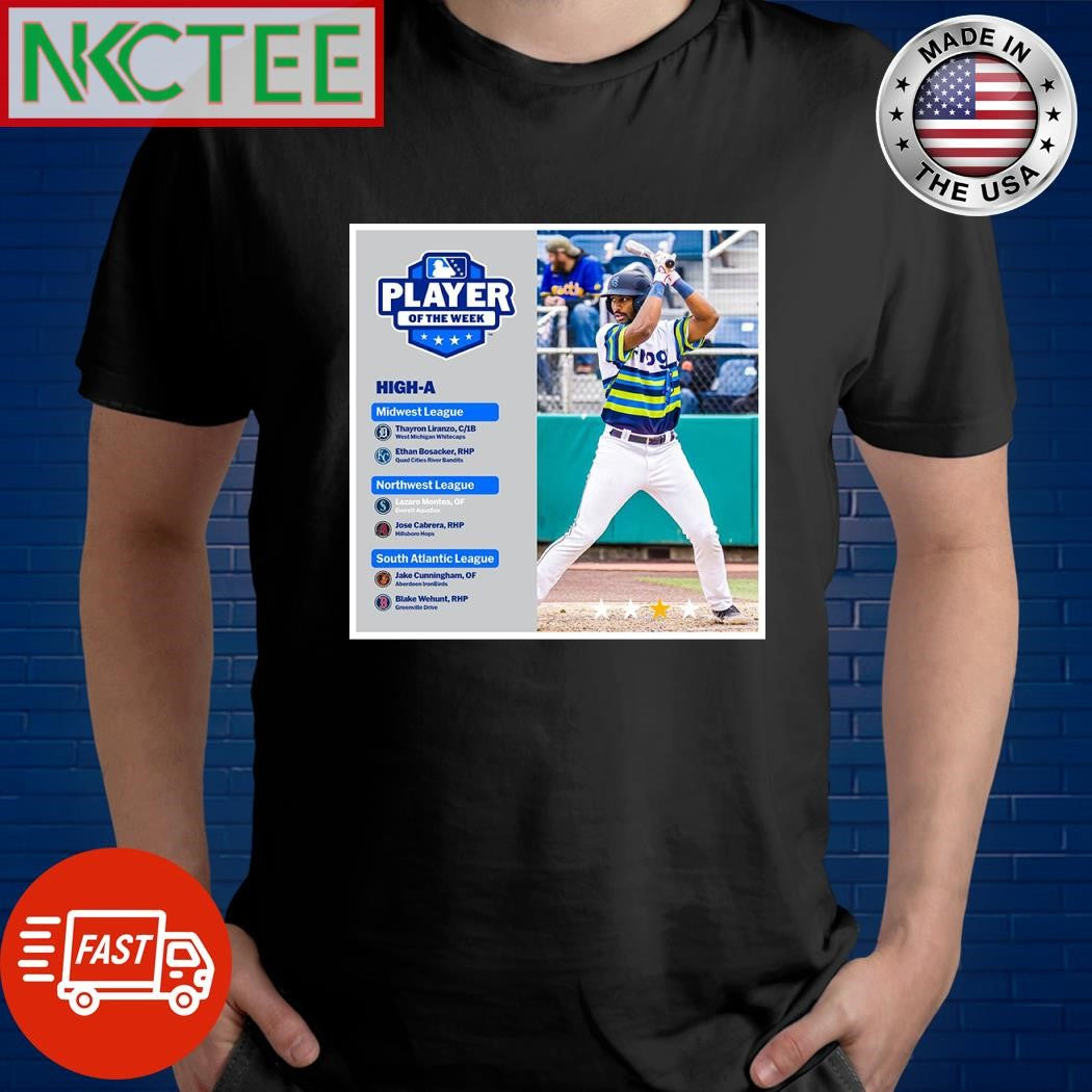 Lazaro Montes led the Northwest League with a .526 average and a 1.562 OPS while driving in seven runs for the Everett AquaSox shirt