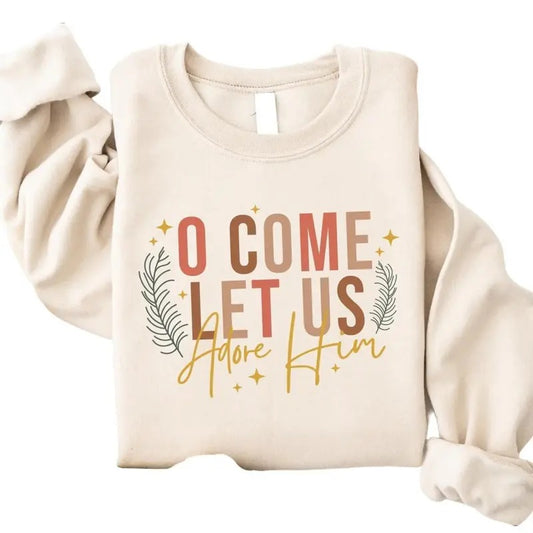 Let Us Adore Him Christmas Sweater, Christian Nativity Shirt, Religious Holiday Gift, Faith Family Cotton Crewneck