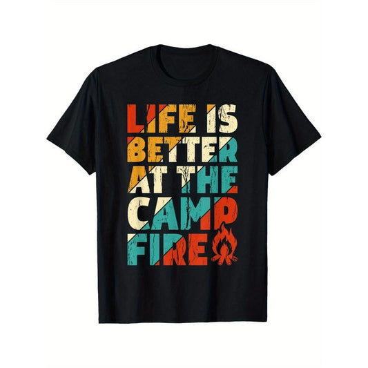 Life is Better by the Campfire Vintage Camping T-Shirt, Cotton, Crew Neck, Slight Stretch, Geometric Pattern, Unisex, for All Seasons, Ideal for Outdoor Activities & Gifts Made in USA