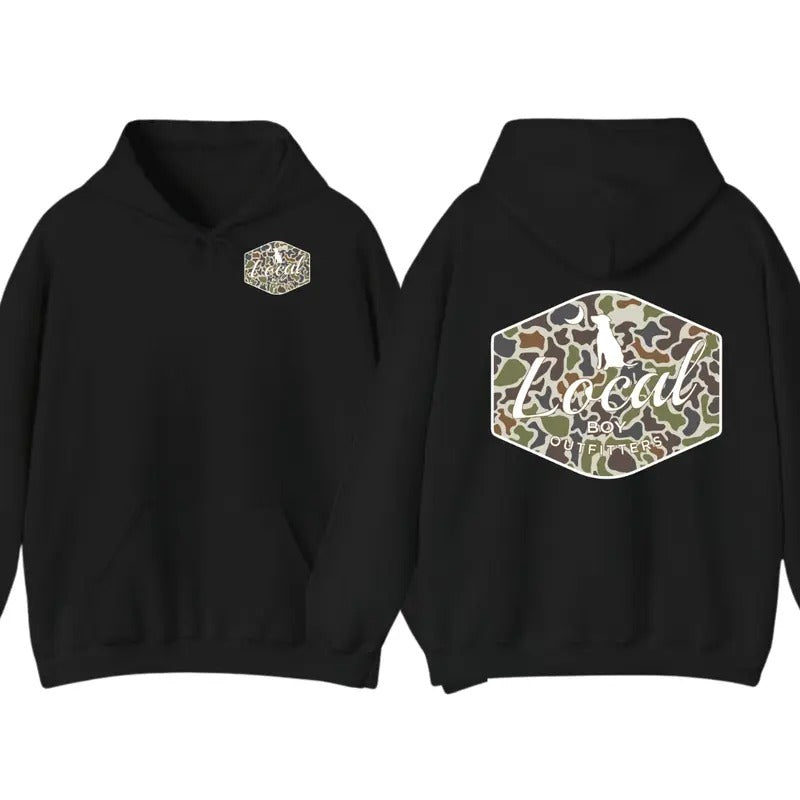 Local Boy Outfitters Dog Camo Hoodie, Classic Camouflage Design with Minimalist Logo, Sweatshirt For Men And Women, Trendy Shirt