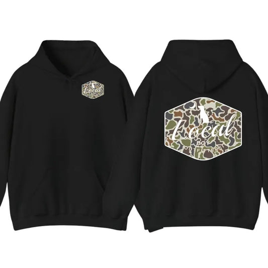 Local Boy Outfitters Dog Camo Hoodie, Classic Camouflage Design with Minimalist Logo, Sweatshirt For Men And Women, Trendy Shirt