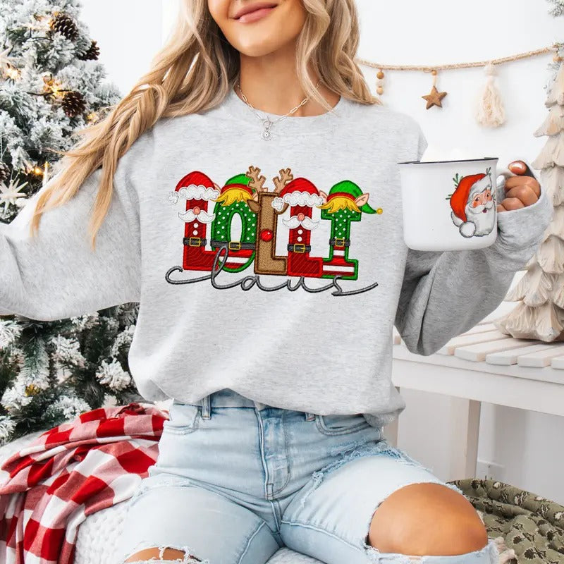 Lolli Claus Faux Embroidery Sweatshirt T-Shirts, Hoodie | CoreVibeTees.com