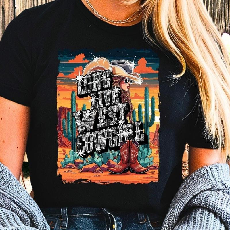 Long Live West Cowgirl Rhinestone and Graphic T-Shirt, Western Country Graphic Tee, Country Concert Shirt, Western Bling Tee Trending Funny Quote Shirt