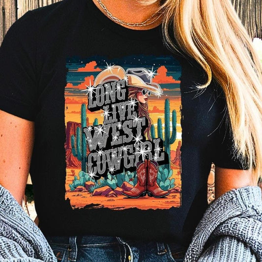 Long Live West Cowgirl Rhinestone and Graphic T-Shirt, Western Country Graphic Tee, Country Concert Shirt, Western Bling Tee Trending Funny Quote Shirt