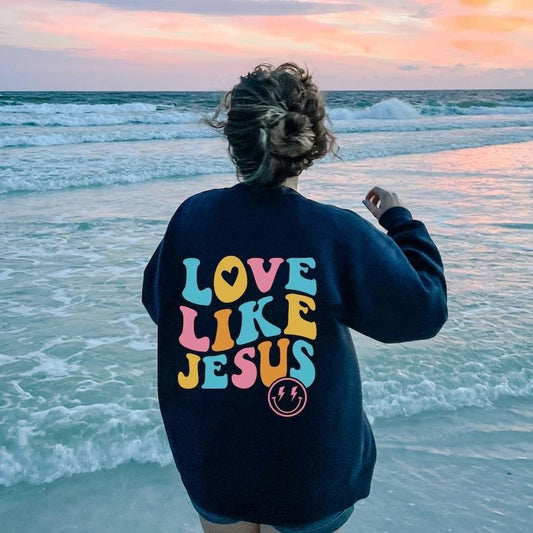 Love Like Jesus Sweatshirt, Trendy crewneck, Retro preppy aesthetic, Smiley Face Hoodie and Sweater; T-shirt