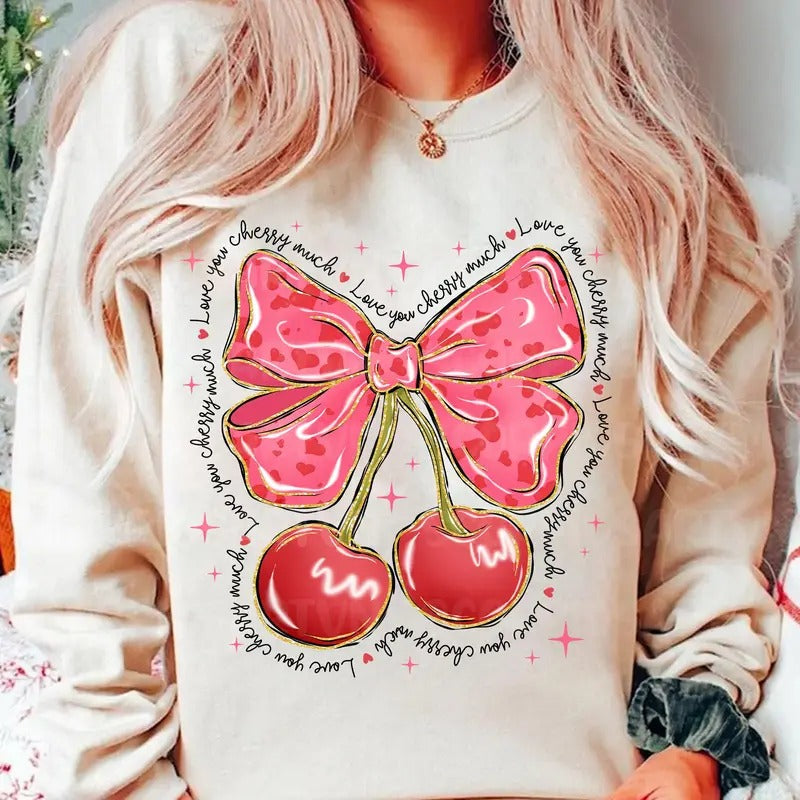 Love You Cherry Much Sweatshirt, Pink Valentine Coquette Heart T-Shirt, Cherry Love Valentine's Day Crewneck