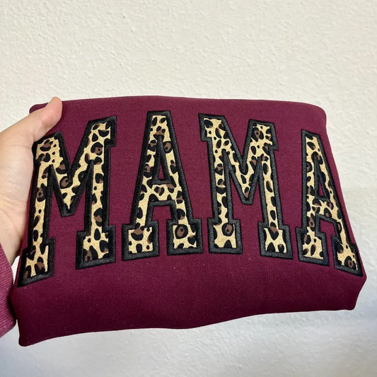 MAMA Cheetah Print Applique Embroidered Sweatshirt - Trendy Oversized Mom Sweater for Women - Pulpullover Style - Womenswear
