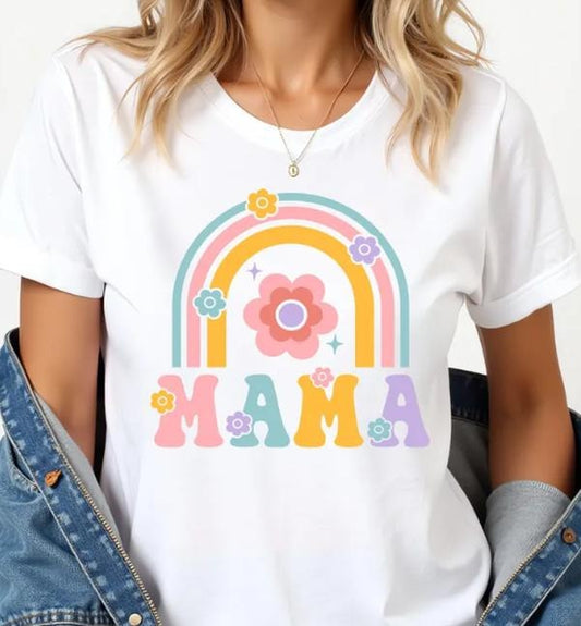 MAMA Mothers Day T-Shirt Boho Rainbow Flowers Mom Gift Tee,Mommy Mini Tee,Momma Outfit