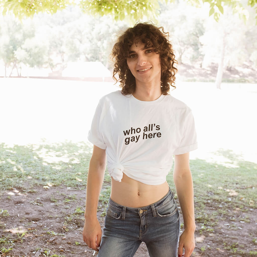 Who All‚Äôs Gay Here White Tee Hoodie, Sweatshirt | CoreVibeTees.com (Image 2)