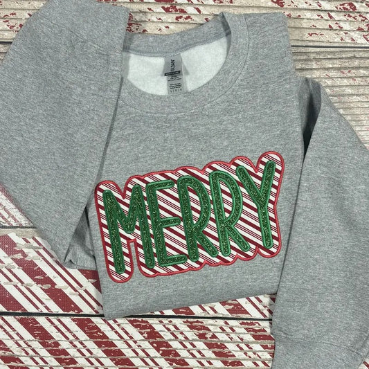 MERRY Candy Cane Glitter Christmas Embroidered Crewneck Sweatshirt