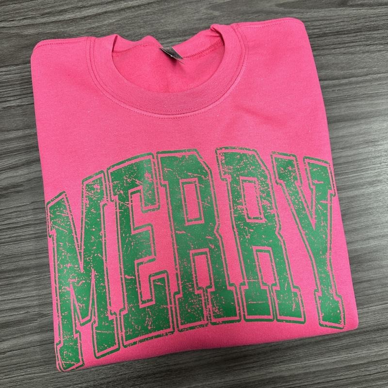 MERRY green on Hot Pink Gildan Sweatshirt T-Shirts, Hoodie | CoreVibeTees.com
