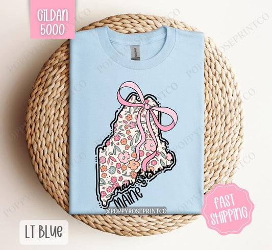Maine Gildan T-shirt, Cute Maine State Shirt, Maine Floral Bow Tee