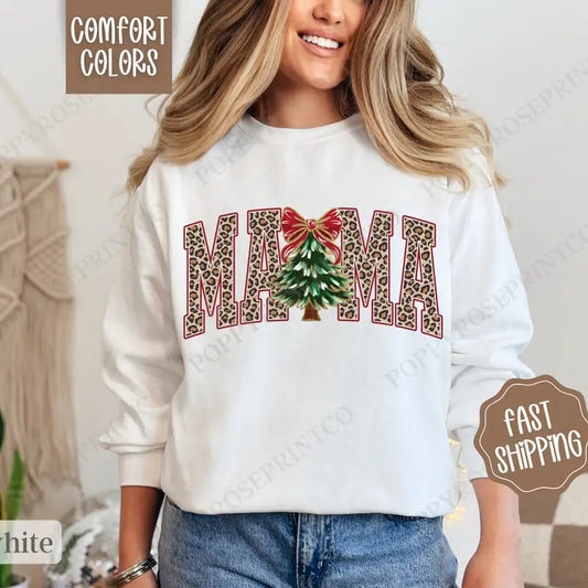 Mama Leopard Christmas Sweatshirt Comfort Colors, Mom Christmas Crewneck,  Womens Holiday Sweater