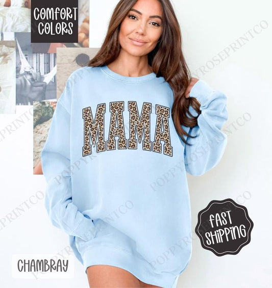Mama Leopard Sweatshirt Comfort Colors, Cute Mom Crewneck,  Trendy Women's Sweater