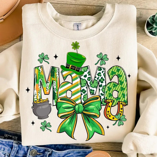 Mama St. Patrick's Day Coquette Sweatshirt, Lucky Mama St. Patty's Day T-Shirt, Shamrock Crewneck, Irish Lucky Charm Clothing
