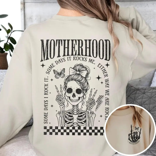 Mama Sweatshirt, Trendy Mama Crewneck, Rocker Skeleton Mama Sweater, Gift for Mom, Front Back Motherhood Sweatshirt, Some Days I'm Rockin