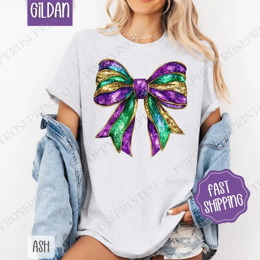 Mardi Gras Bow Shirt Gildan, Coquette Fat Tuesday Women's Tee, Louisana Women's Tshirt Plus Sizes