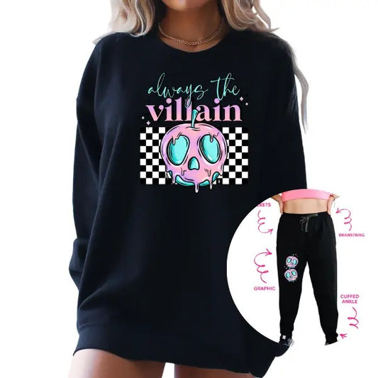Always the Vill$in Sweatshirt Outfit w/ Matching Sweatpants,  Checkered Grpahic & 90s Nostalgia | Grunge Alt Retro Vibes Crewneck Casual Skull Cotton