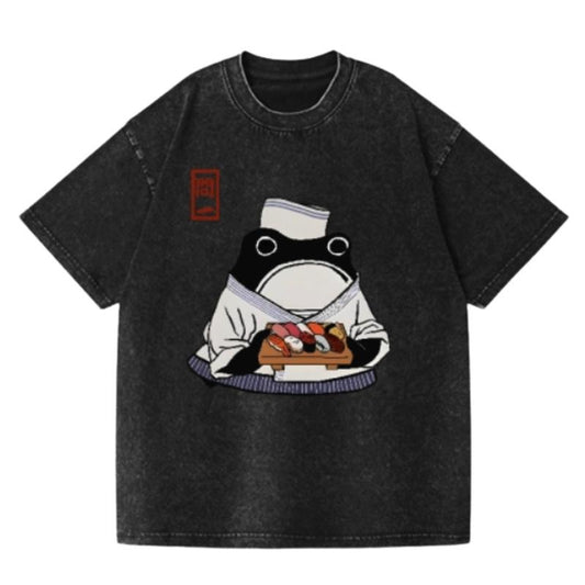Matsumoto Hoji Sushi Frog Vintage Wash Japanese Design T-Shirt, Funny Anime Graphic Tee Shortsleeve Comfort Top