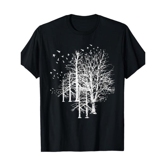 Men'S Basic Cotton T-Shirt with Wildlife Nature Birds & Forest Trees Print - Casual Round Neck Short Sleeve Tee for All Seasons - 100% Cotton, 220g Digital Print Design Made in USA