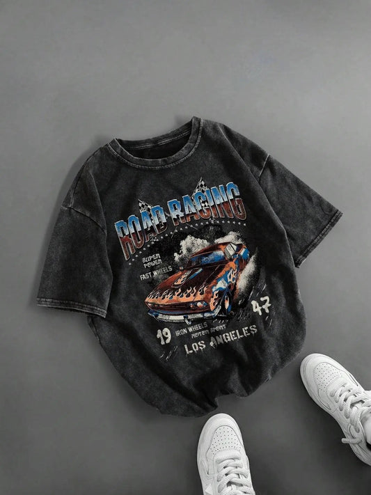 Men's 100% Cotton Street Style Racing Pattern Print Distressed Round Neck  Tee, Regular Fit Vintage Trendy Casual Comfy Short Sleeve Crew Neck T-shirt for Daily Wear, Fashion Men's Top for All Seasons