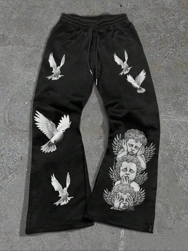 Men's Angel & White Dove Print Drawstring Waist Sweatpants, Regular Fit Street Fashion  Casual Comfy Pocket Straight Leg  Trousers for Spring & Fall, Men's Trousers for Daily Wear