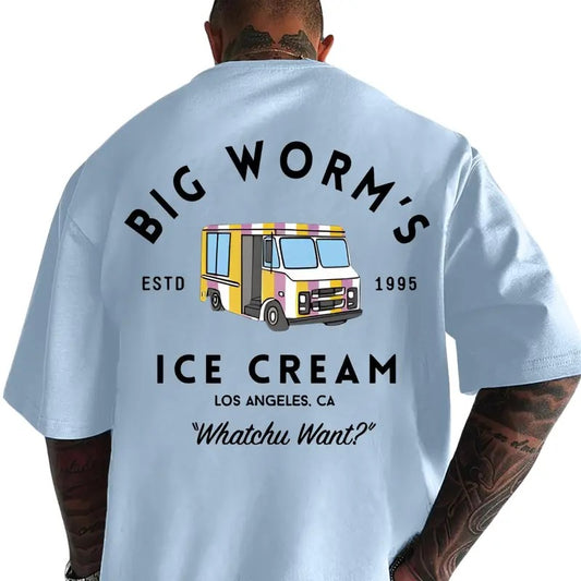 Men's Cartoon Ice Cream Truck & Letter Print Round Neck Tee, Men's Clothes for All Seasons, Loose Street Fashion Casual Short Sleeve T-shirt for Daily Wear, Trending, Gift for Men