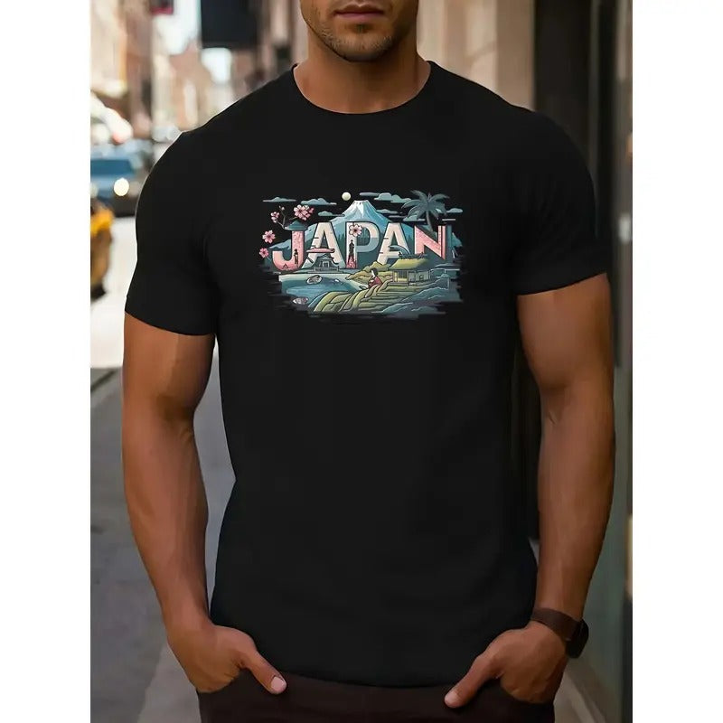 Men's Casual Athletic Short Sleeve T-Shirt - Round Neck with Letter Design, Machine Washable MADE IN USA