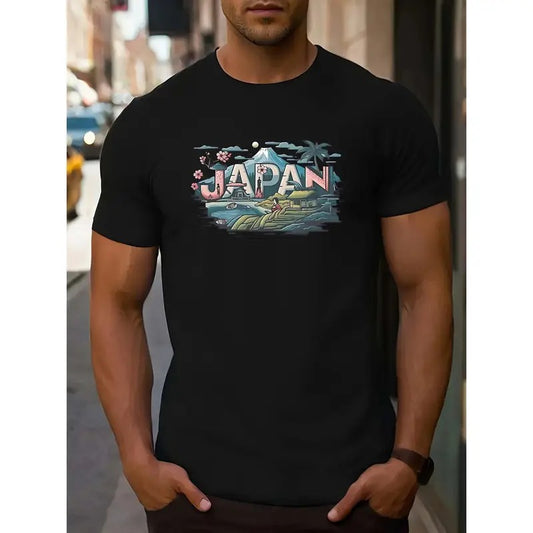 Men's Casual Athletic Short Sleeve T-Shirt - Round Neck with Letter Design, Machine Washable MADE IN USA