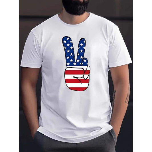 Men's Casual Athletic T-Shirt - Breathable Cotton, Round Neck with American Flag Print, Machine Washable - Perfect for Summer Outdoor Activities made in USA