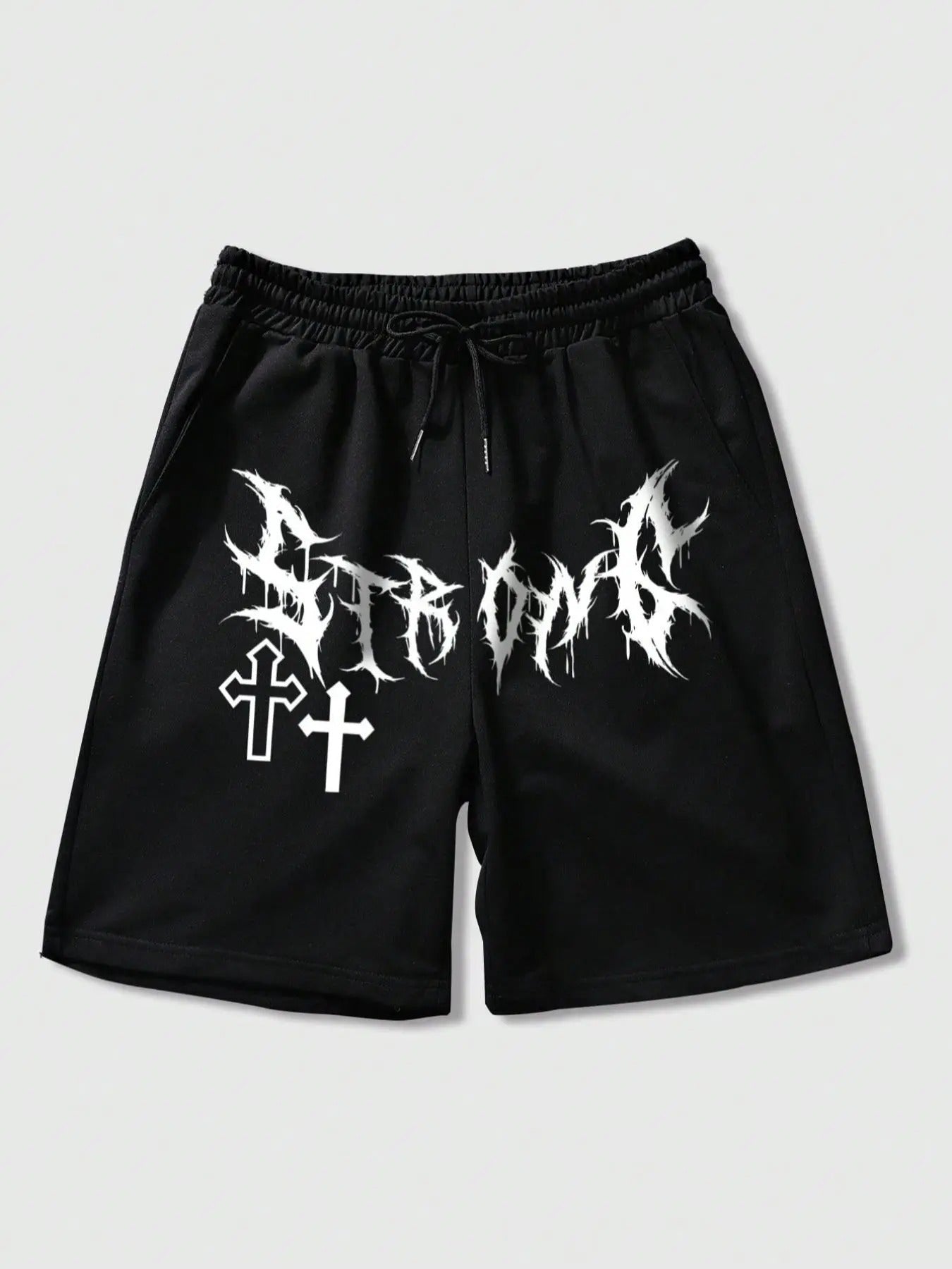 Men's Cross & Letter Print Drawstring Waist Shorts, Regular Fit Casual Pocket Beach Shorts for Summer, Men's Bottoms for Daily Wear