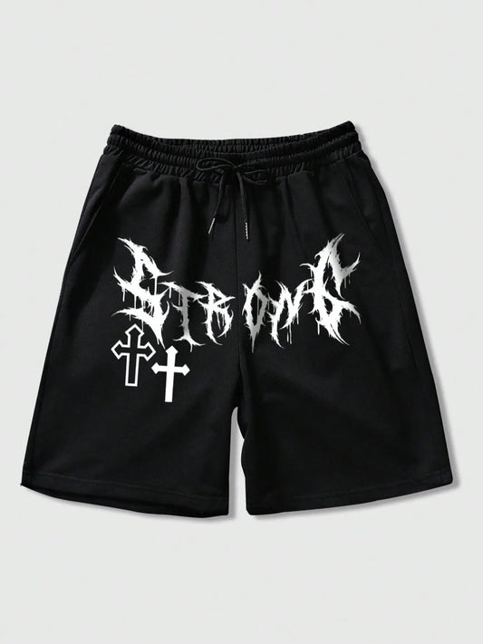 Men's Cross & Letter Print Drawstring Waist Shorts, Regular Fit Casual Pocket Beach Shorts for Summer, Men's Bottoms for Daily Wear